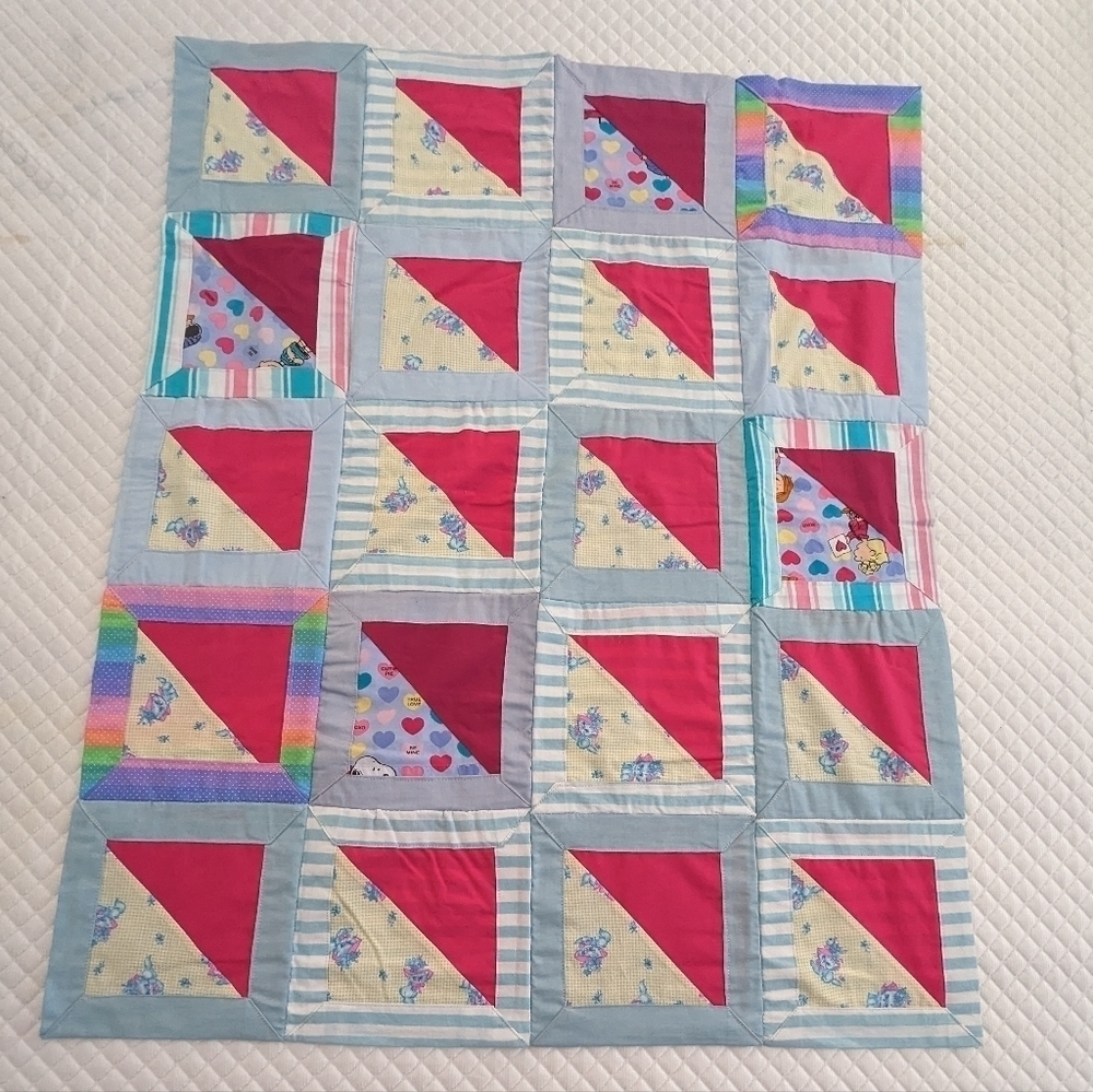 Handmade Patchwork Squares And Corner Triangles Baby Quilt Blue 80's Cats